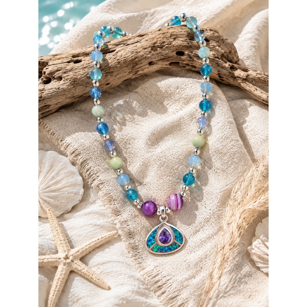 Handmade Necklace Mermaidcore Blue Purple Beaded Opal Style Pendant Coastal Boho